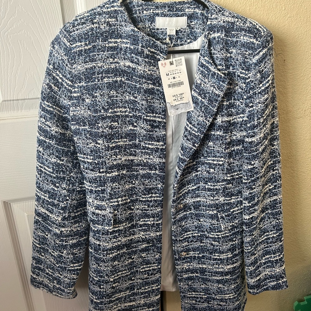 Zara Navy and White Textured Blazer